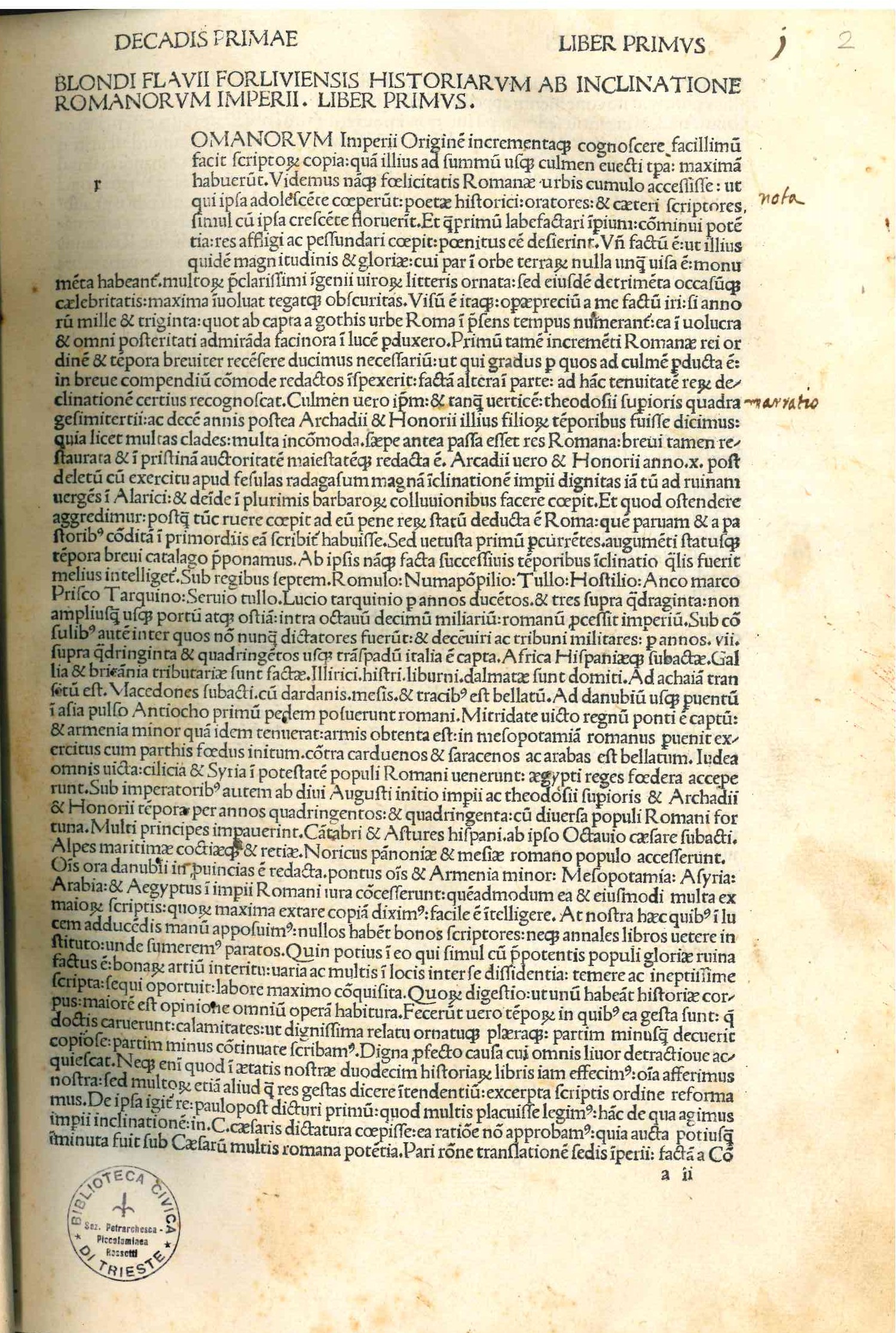 Blondi Flauii Forliuiensis historiarum ab inclinatione Romanorum Imperii liber primus