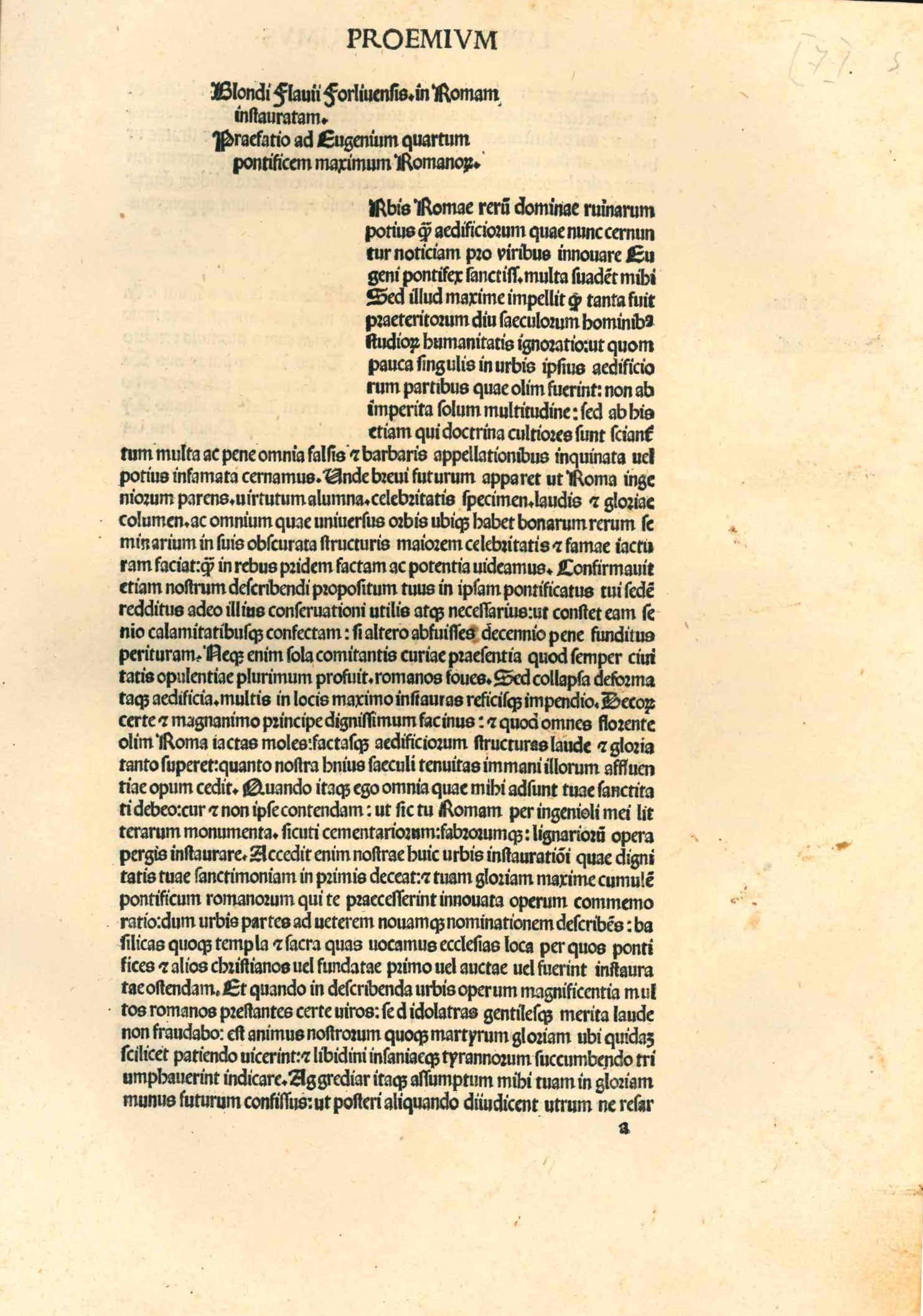 Blondi Flauii Forliuensis in Romam instauratam. Praefatio ad Eugenium quartum pontificem maximum Romanorum