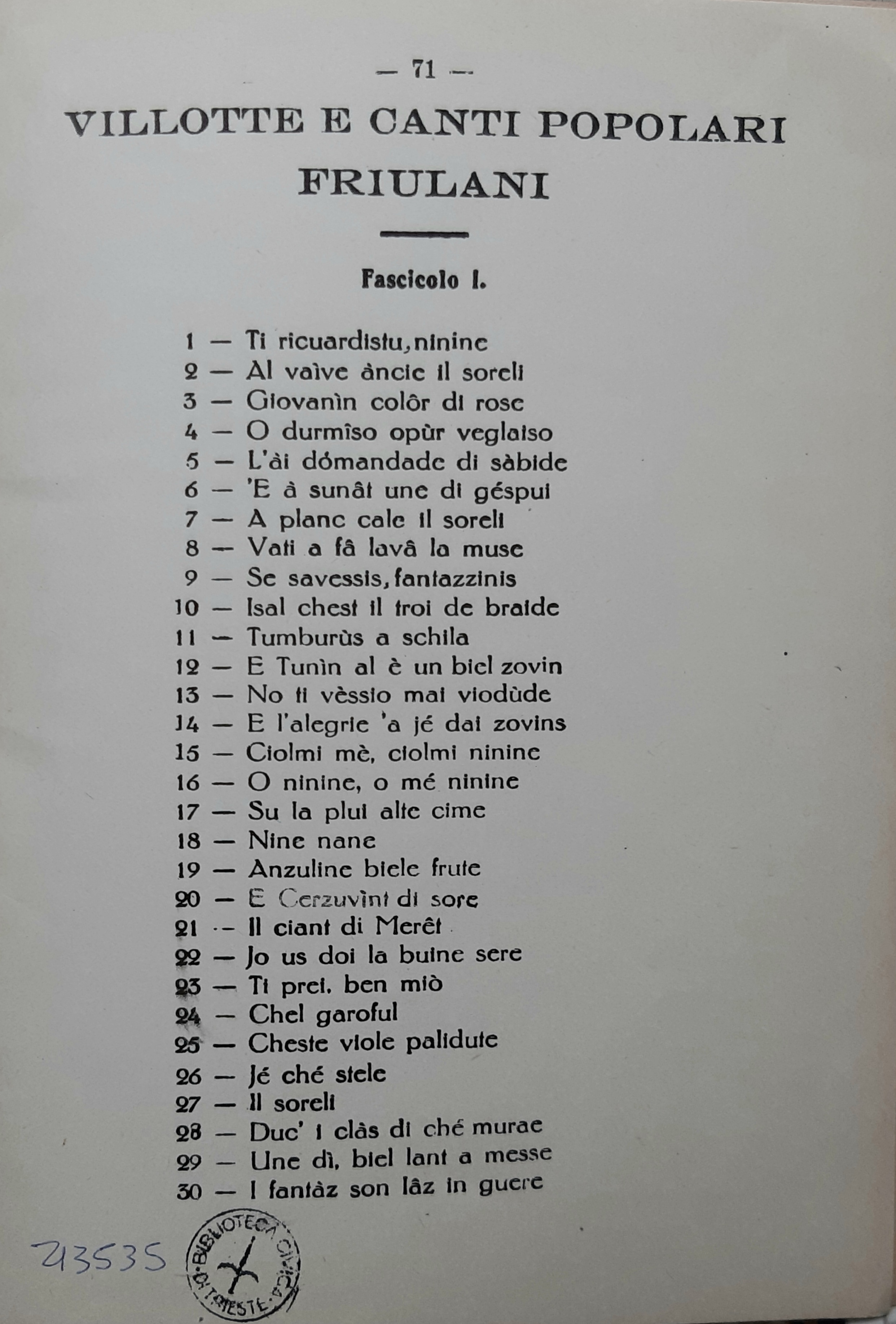 <<Villotte e canti popolari friulani>> 1.
